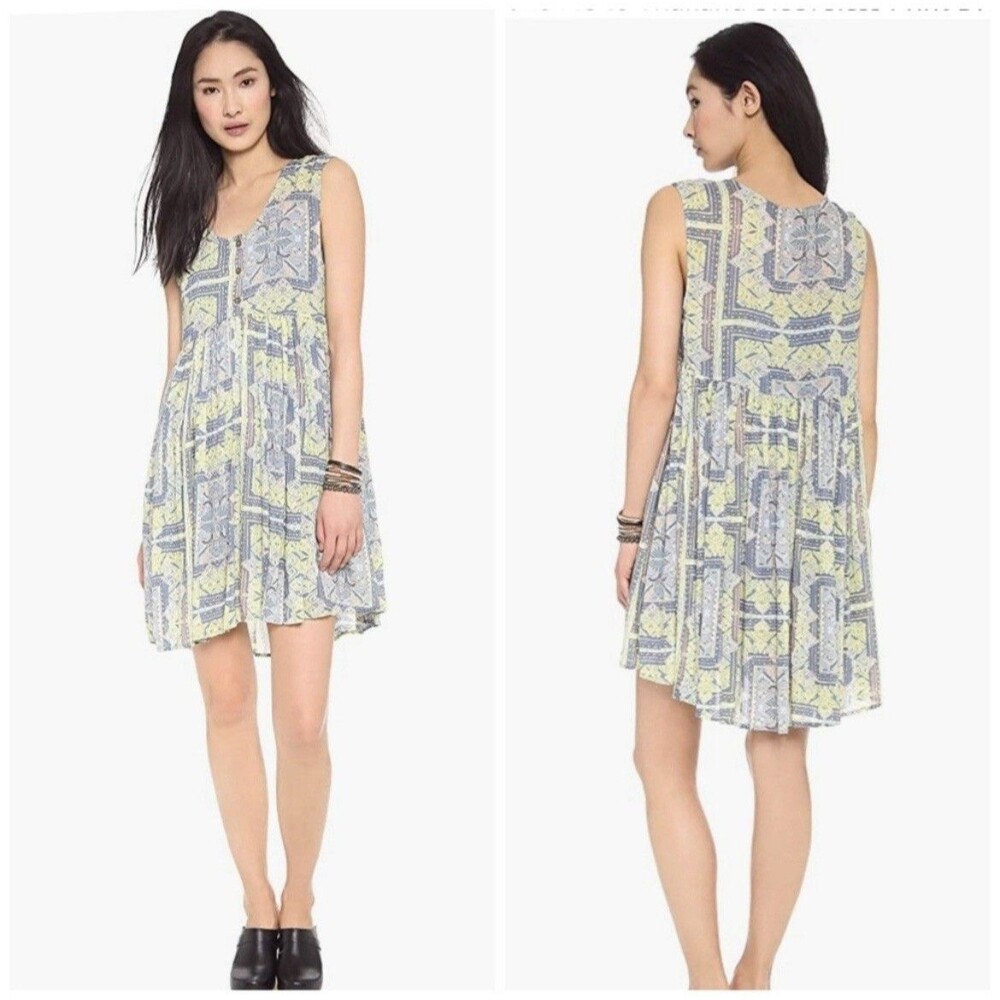 Free People Womens Take Me to Thailand Sleeveless Babydoll Dress Fog Combo Sz S